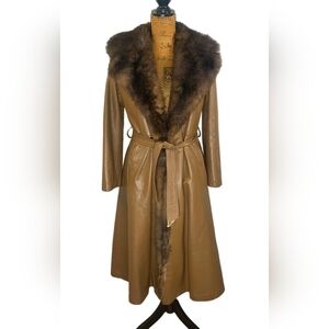 VINTAGE Fully Fur Lined Leather Trench Coat W/Belt Penny Lane NFR